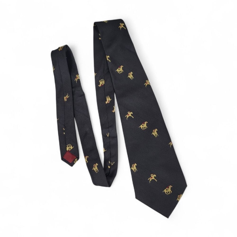 Vintage 80s Silk Arkansas Derby Black Tie with Gold Horse Racing Jockey Motif